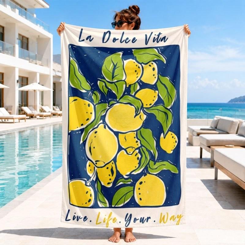 Mediterranean Summer Doodle Style Pink White Stripe Lobster Fruit Seafood La Dolce Vita Print Quick Dry Beach Towel