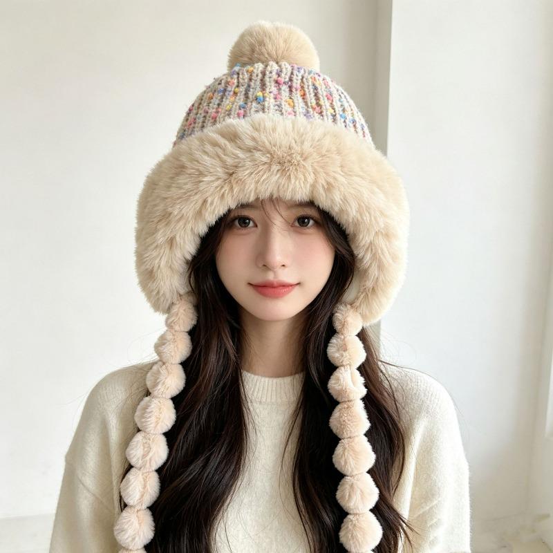 Winter Fleece Thick Warm Hat Women'S Sweet Cute Pom-Pom Braided Lei Feng Hat Ear Protection Cold-Proof Hat