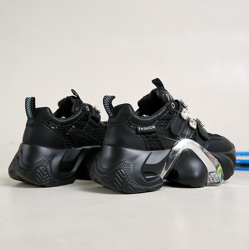 Fashion 8CM High Platform White Shoes Women New 2025 Summer Breathable Mesh Crystal Chunky Sneakers Designer Thick Sole Sports Shoes