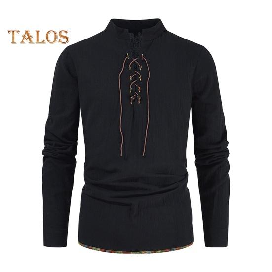 Spring Autumn Men Shirt Lace-up Stand Collar Long Sleeves Solid Color Loose Retro Medieval Mid Length Casual Commuting Office Top