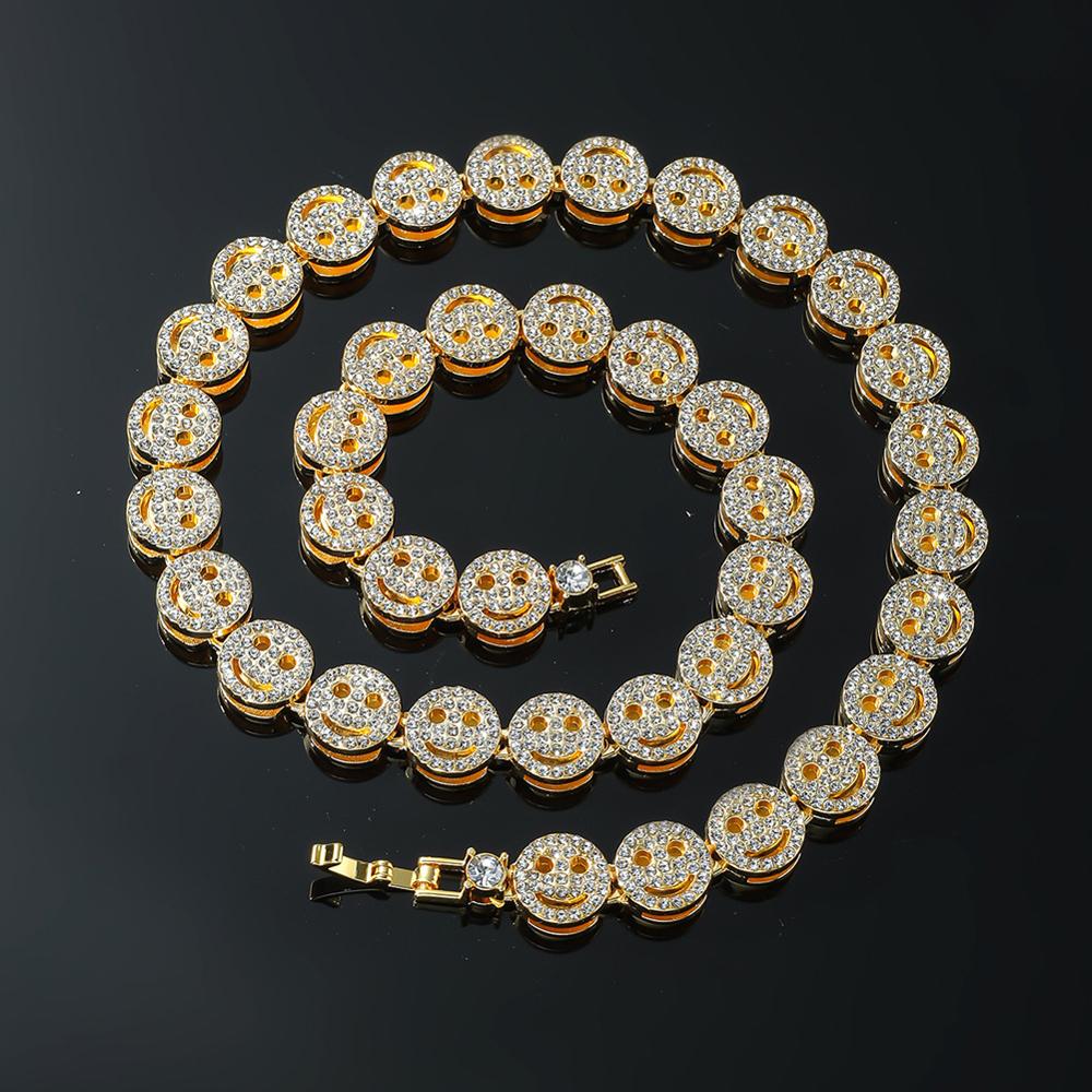Men Hip Hop Round Smiley Tennis Chain Necklace HipHop Iced Out Bling 12mm Crystal Bracelet Necklaces Suit Fashion Charm Jewelry