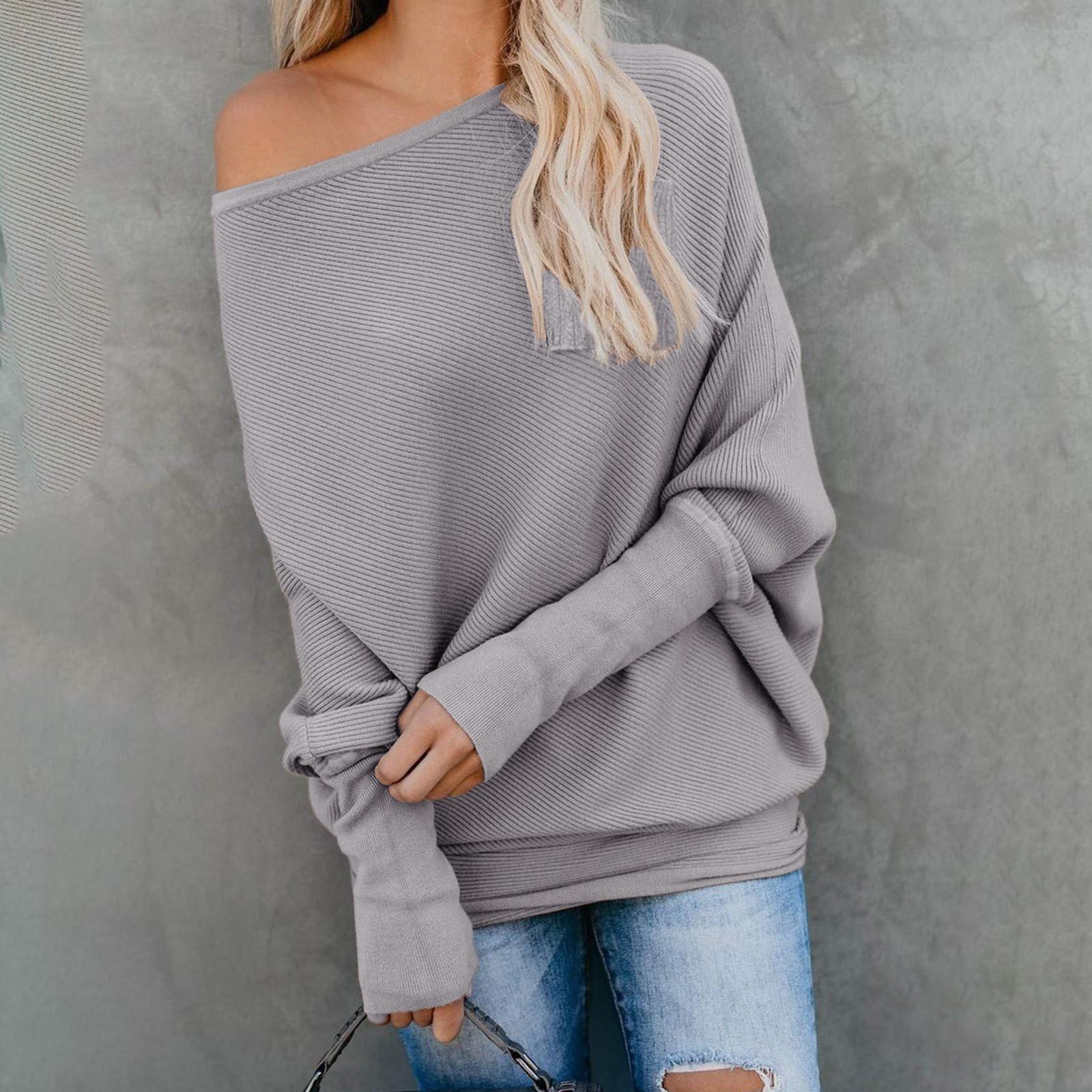 

Женский повседневный модный свободный однотонный сексуальный вязаный топ на одно плечо с длинными рукавами XL серый