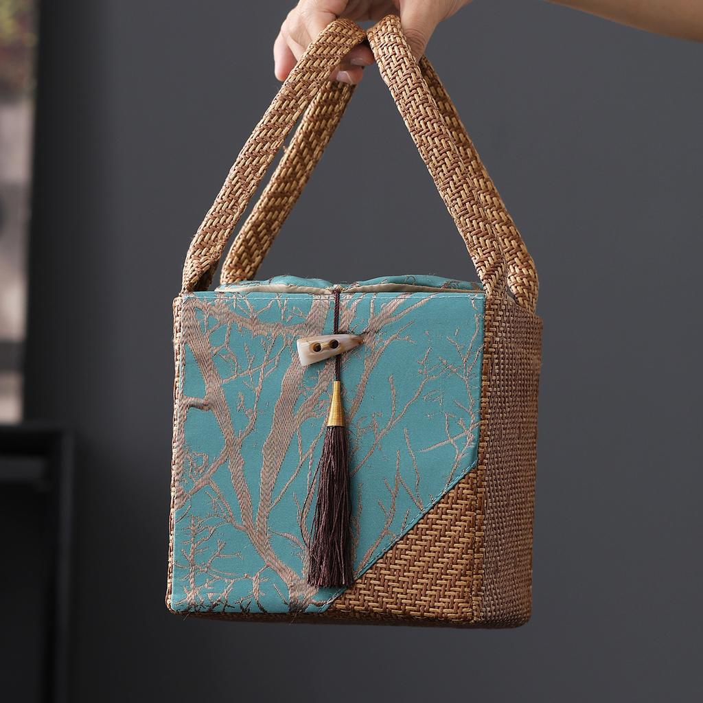 High End Rattan Woven Cloth Bag Ceramic Tea Can Packaging Box Multi Functional Universal Gift Cases Company Annual Meeting Box