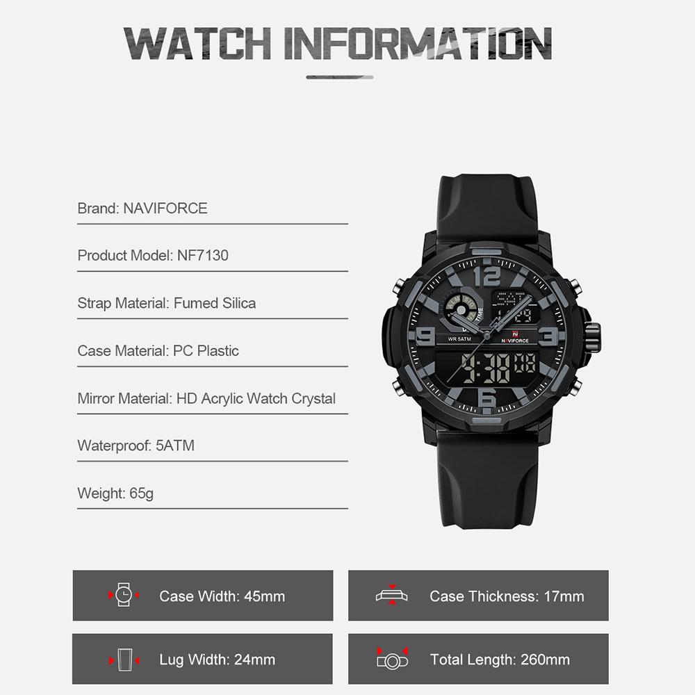 NAVIFORCE Original Men Dual Time Watch Quartz Movement LCD Digital Silicone Strap Waterproof Calendar Date Night Pattern Men Watch NF7130