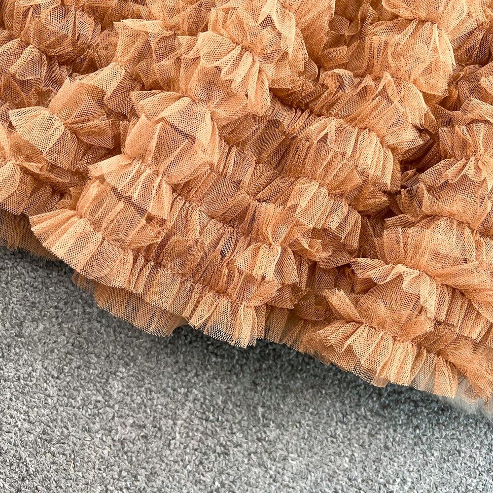 Summer High Waist Thin Multi-Layer Wooden Ear Side Puffy Cake Dress Elastic Waist Medium And Long Mesh A-Shaped Dress Female