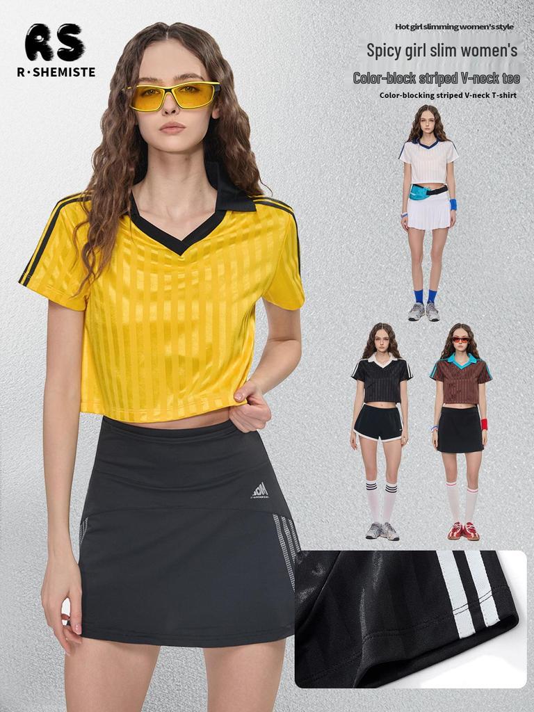 RS Women's Retro V-Neck Football T-shirt - Patchwork Stripes, Short Sleeve, USA/Canada/Mexico Sports Style