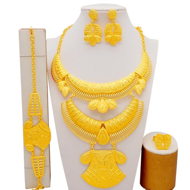 

Дубай золотого цвета, большое роскошное ожерелье, браслет, серьги, кольца, комплекты ювелирных изделий для женщин, свадебные украшения, подарки для вечеринок