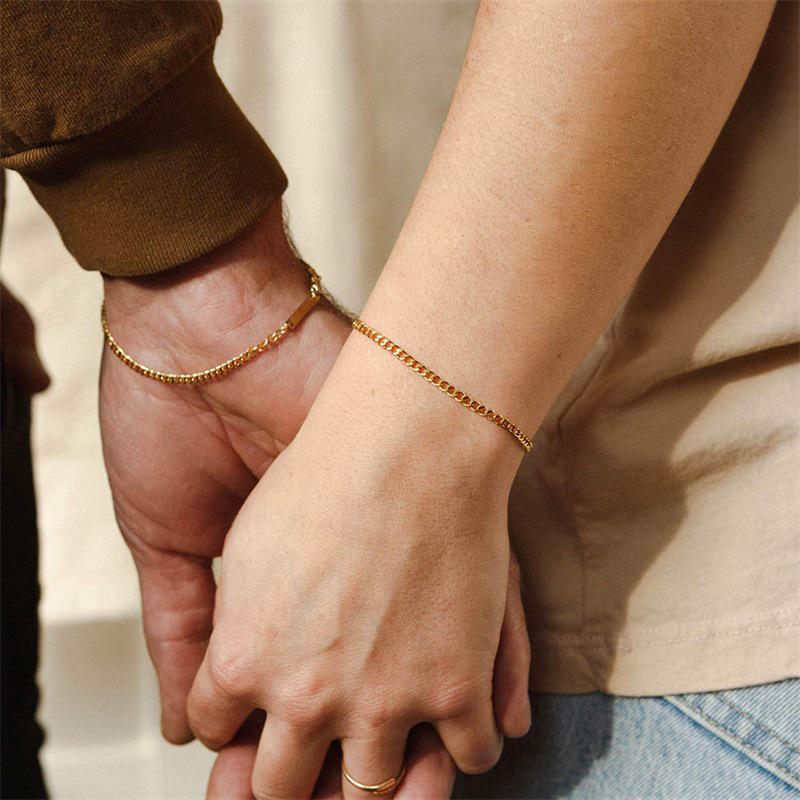 Stainless Steel Gold-Plated Cuban Chain Bar Bracelet - Simple Fashion Design for Couples