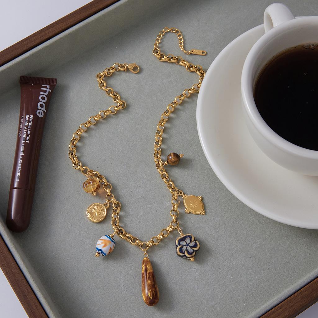 Youthway Resin Tiger Eye Stone Ceramic Flower Portrait Coin Pendant Necklace For Women 18K Gold Plated Stainless Steel Necklace