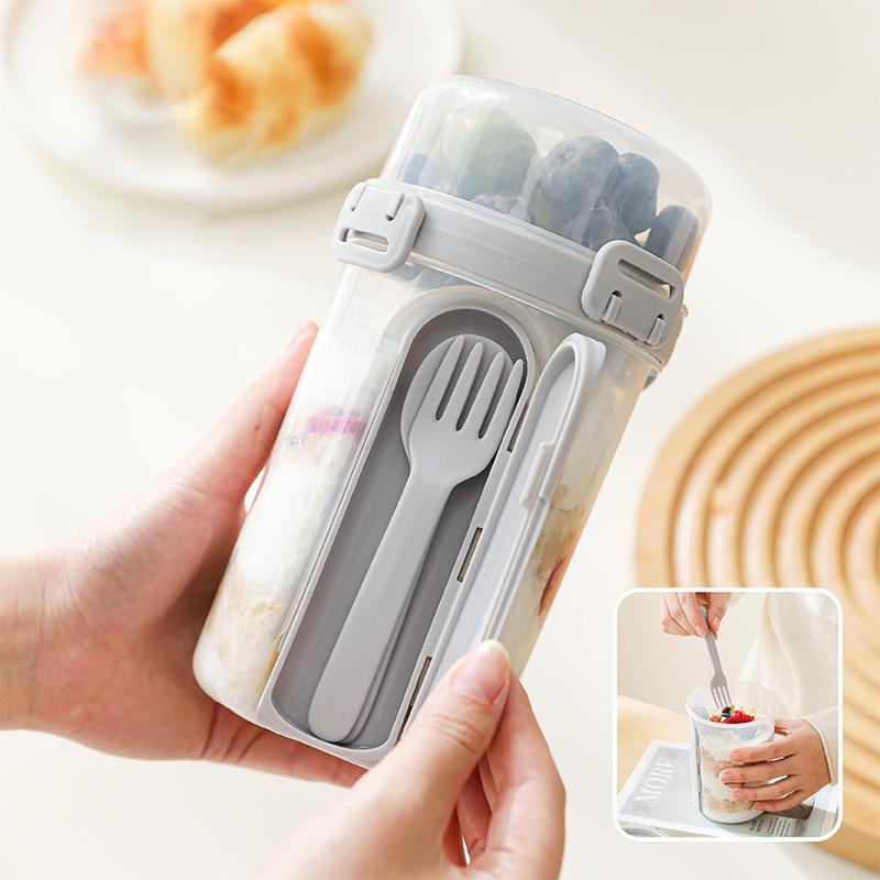 600Ml Salad Oatmeal Cup Breakfast Double Cup Cereal Nut Yogurt Container Set With Dressing Holder Fork Meal Preparation