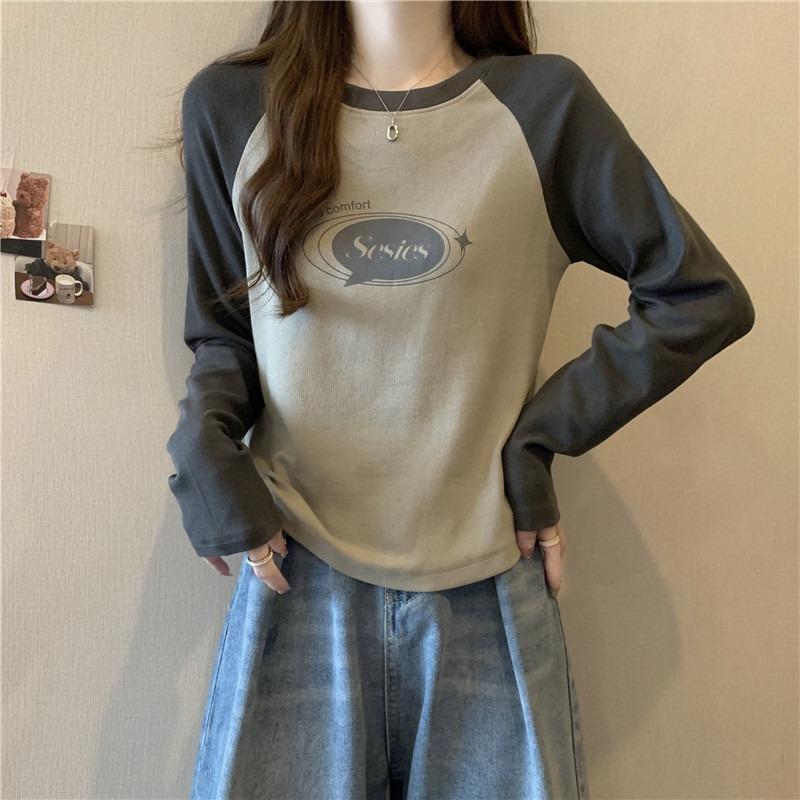 Real Shot Women's Clothing Autumn and Winter Cotton Shoulder Plug Contrasting Color Y Contrasting Color Long-sleeved T-shirt Bottoming Shirt Top
