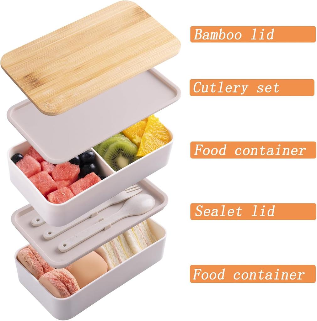 White Double Layer Wood Grain Bento Box Microwave Safe Large Capacity Lunch Container with Thermal Bag