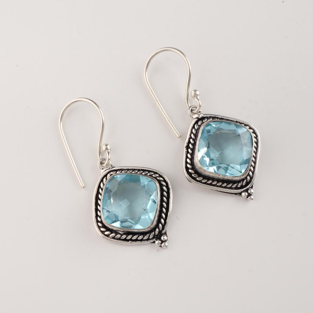 Sky Blue Topaz Gemstone Minimalist Silver Hook Earrings 1.6" , 925 Sterling Silver Wedding Jewelry For Women's AEE-5-9