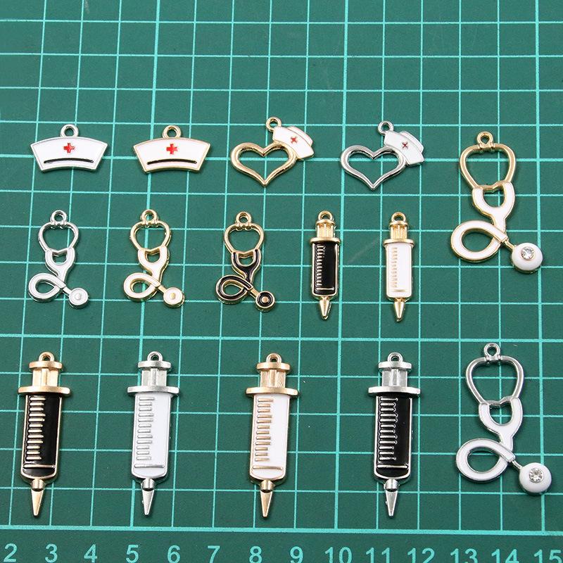 6 Style Medical Charm Jewelry: Drip Oil Stethoscope, Syringe, Heart Pendants in 2 Base Colors