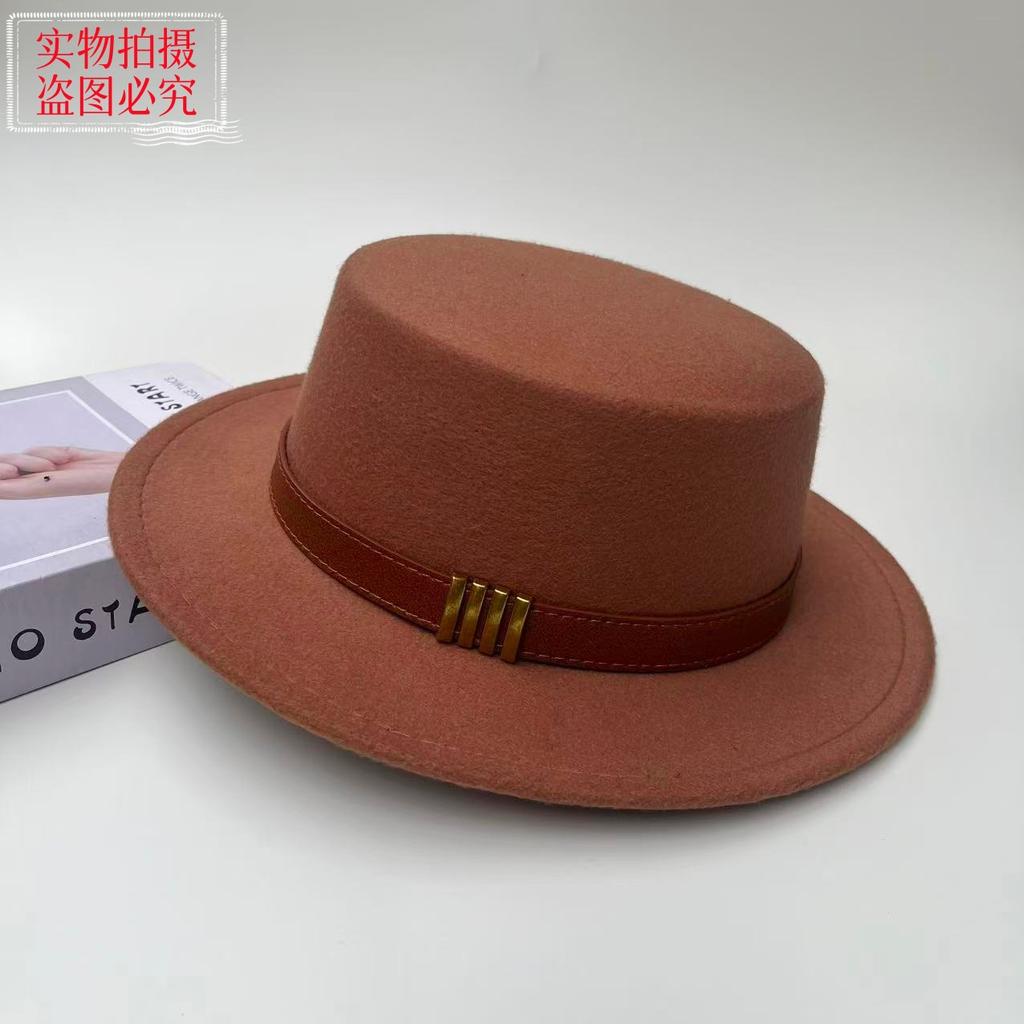 New Belt Buckle Woolen Hat British Retro Autumn and Winter Hat Men's and Women's Trendy Versatile Wide-brimmed Flat Top Top Top Hat