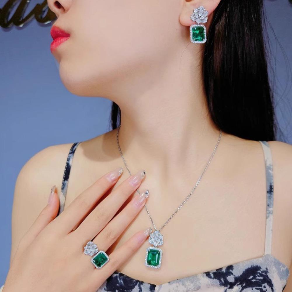 Women Jewelry Set Emerald Camellia Full Diamond Earrings Pendant Necklace Rose Ring Luxury Gift