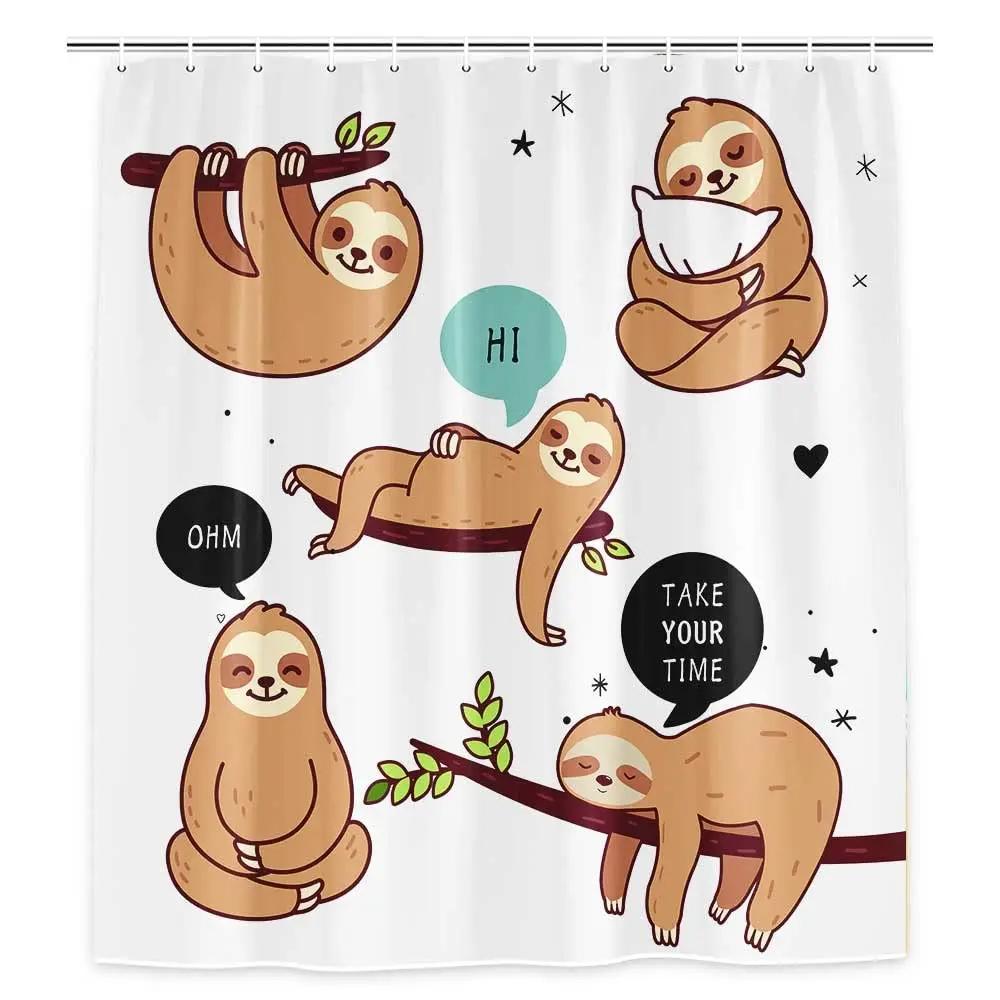 Zabawne Zwierzęta Zasłona Prysznicowa,Fajna Leniwiec Jedzący Jednorożca w Kosmosie Zasłona Prysznicowa,Tkaninowa Fantazyjna Zasłona Prysznicowa do Łazienki z Haczykami