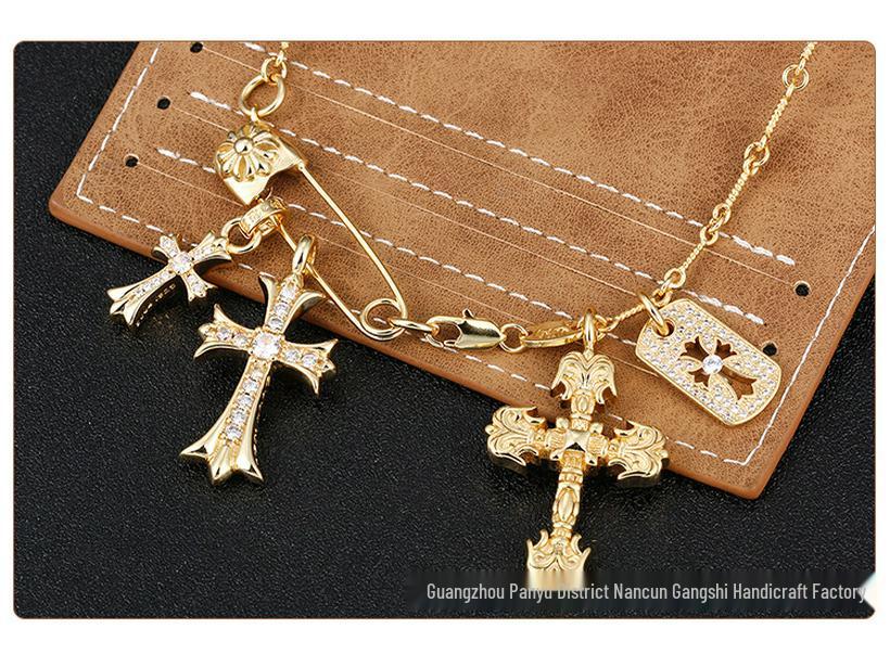 High-End Rhinestone Double Cross Pendant Necklace with CH Chrome Hearts Design