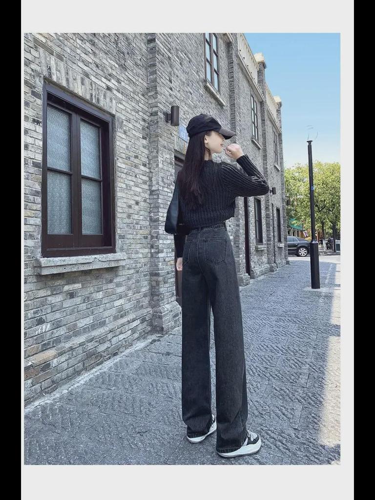 High-Waisted Black & Gray Wide-Leg Jeans - Adjustable Multi-Button Design, Loose Pear Shape, Floor Length for Women