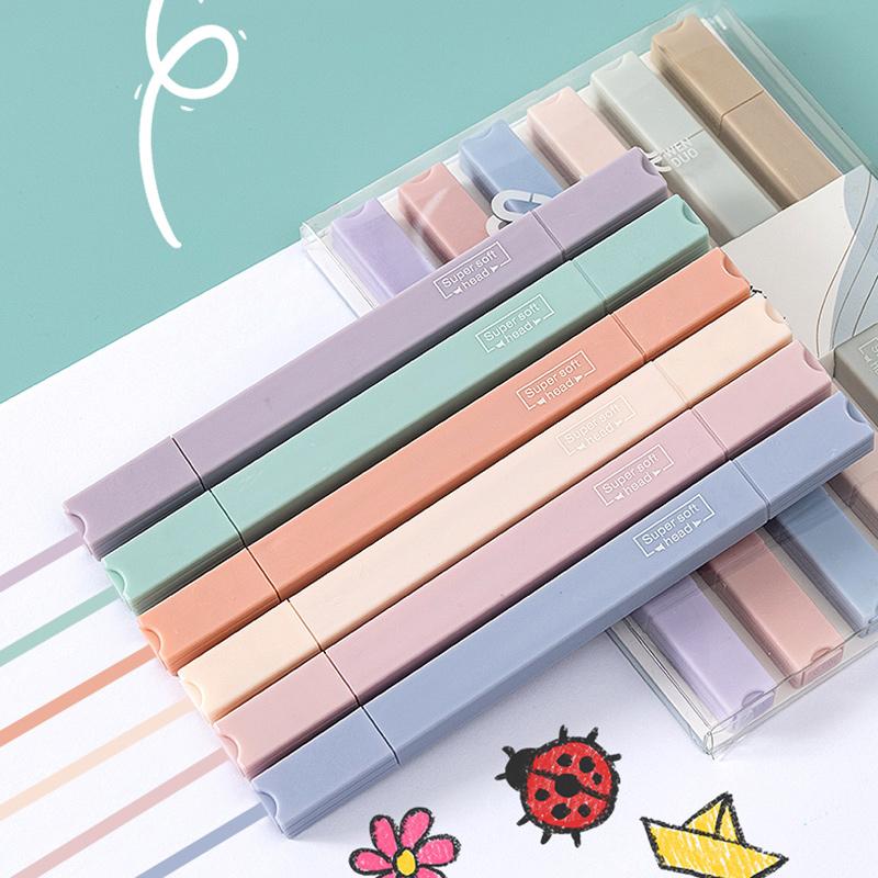 6 Pçs/set Pontas Duplas Marcadores de Canetas Artísticas Kawaii Forma Redonda Manga Caneta Colorida Papelaria Estudantes Suprimentos DIY