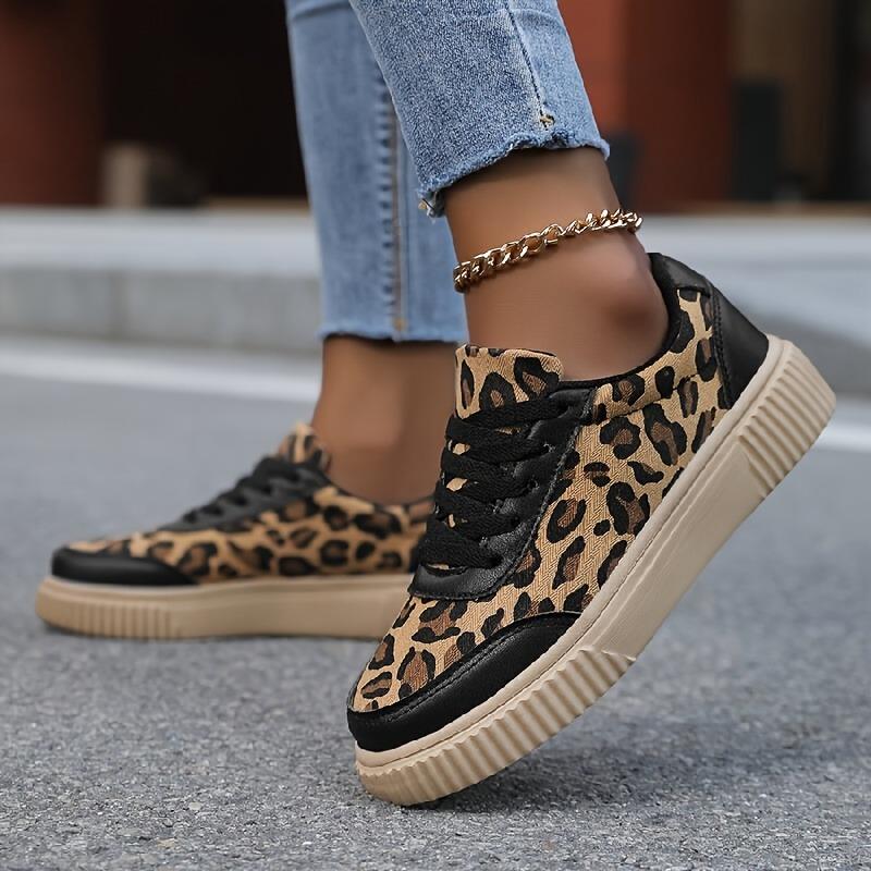 [Leopard Print Sneakers] Women's Beige&Black Low-Top Platform Sneakers Lace-Up Cushioned Breathable All-Season Casual Sports