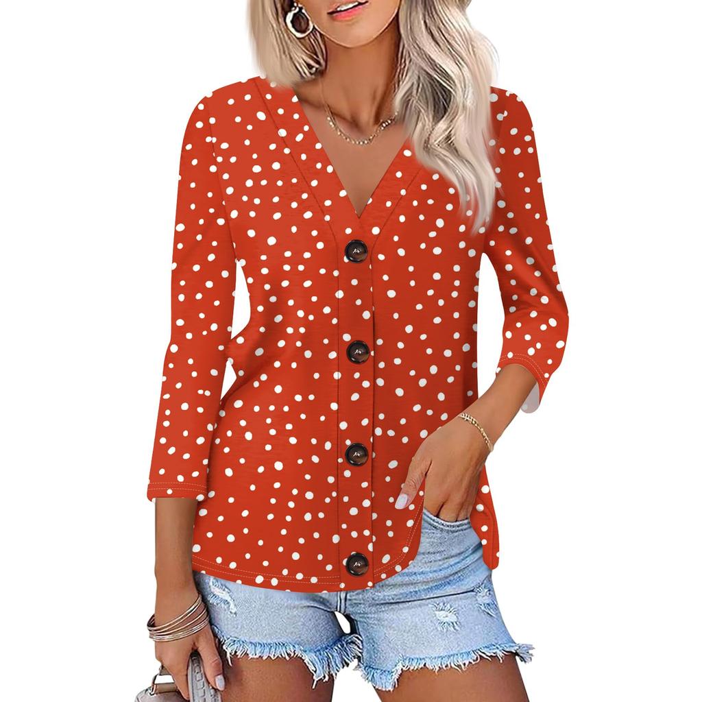Women's Fashion Casual Print Button-down Shirt 3/4 Long Sleeve Tops