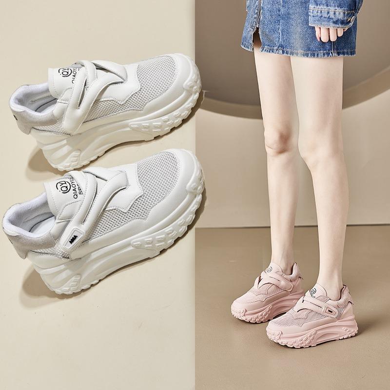 Leather small size casual shoes for women, thick-soled inner height-increasing dad shoes for women, Velcro student white shoes