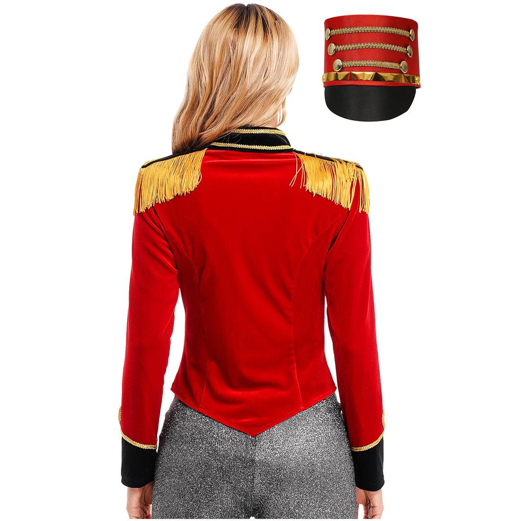 Womens Ringmaster Costume Circus Carnival Party Long Sleeve Stand Collar Fringe Shoulder Jacket Coat Hat Set