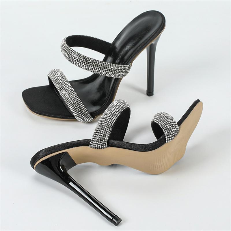 Eilyken CRYSTAL DIAMOND Square Toe Women Slippers Design Hollow Out Thin High Heels Party Dress Slides Shoes