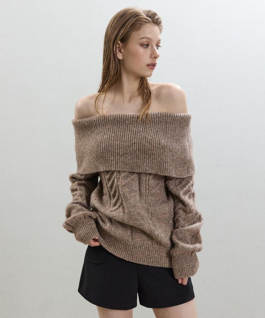 Dito Off-Shoulder Cable Pullover [Beige]
