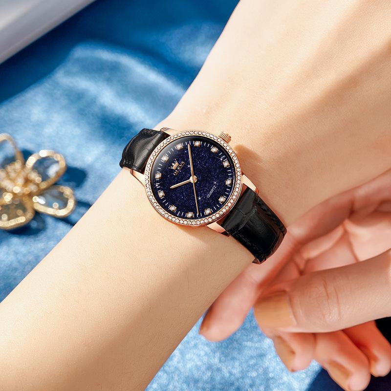 OLEVS Women's Watches Elegant Fashion Quartz Wristwatch for Ladies Diamond Scale Starlight Dial Waterproof Luminous Leather Wristwatch