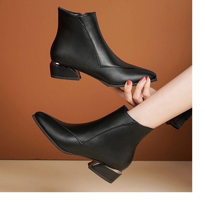 New Women's Boots Fashion Casual Boots Women's Side Zipper Ankle Boots Elegant Pointed Coarse Heel Short Boots Botas Mujer