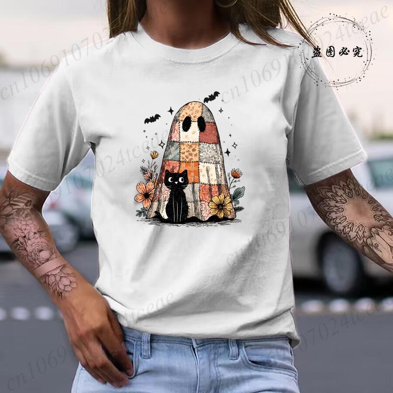 Halloween Boo Black Cat Halloween Print Graphic T Shirts Man Women Casual Spooky Season Boo Cat Tee Tops Summer Y2k Tops Clothes S