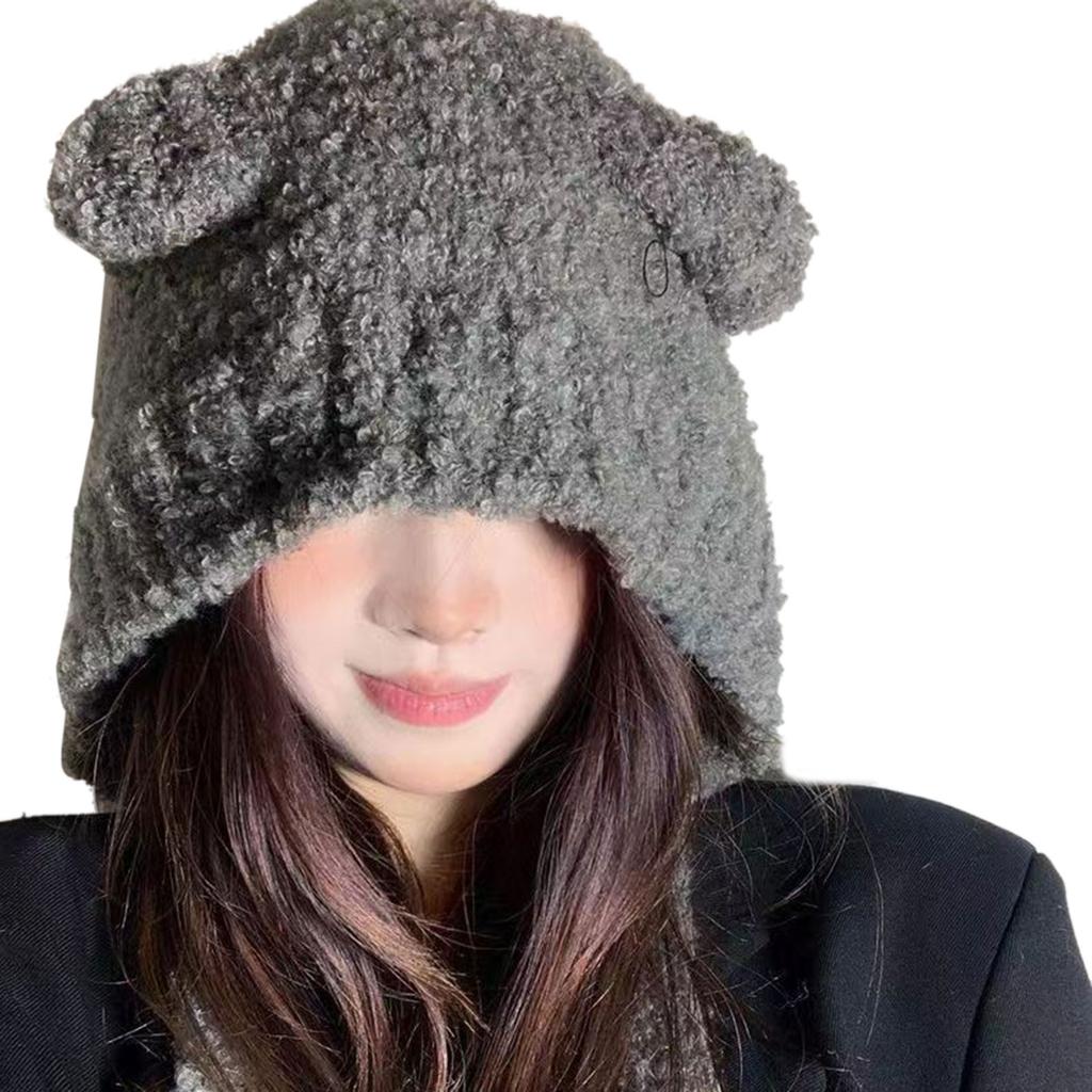 Cartoon Bear Ear Hat for Adult Women InsStyle Soft Ear Flap Beanie Cap Outdoor Sports Hooded Hat Breathable Bonnet Hat