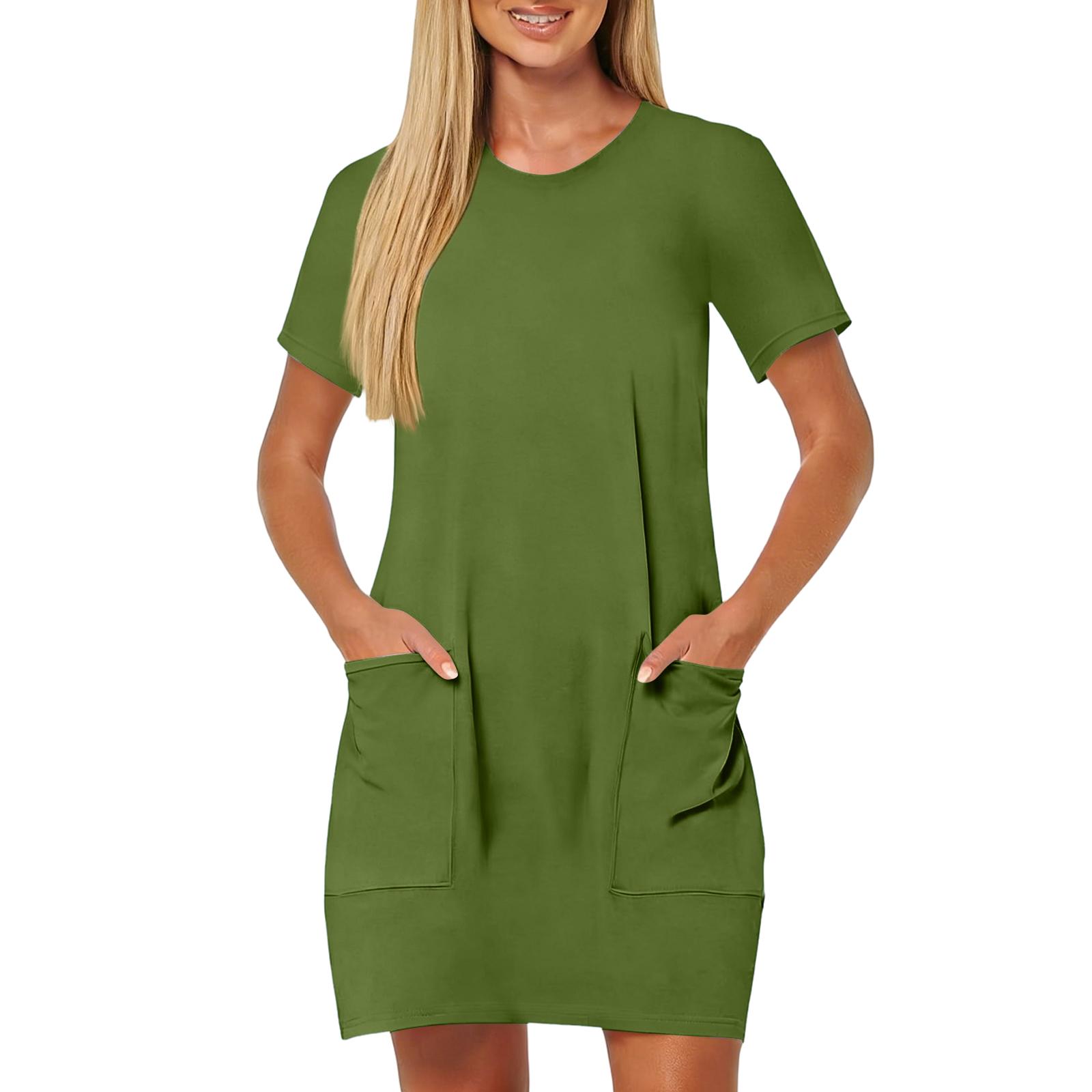 

Женское повседневное платье-футболка с коротким рукавом, круглым вырезом, карманом и контрастным цветом M зелёный
