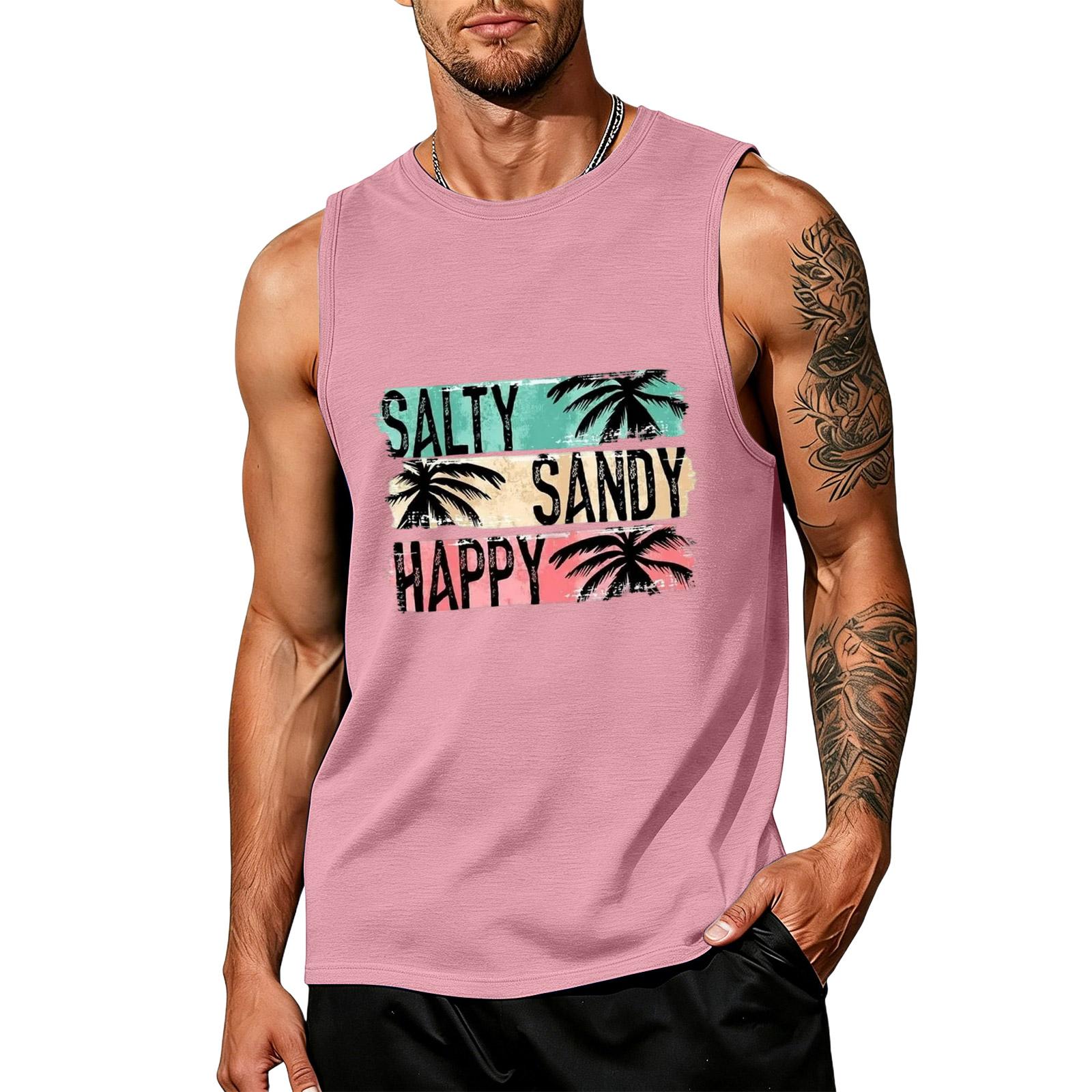 

Men’s Sleeveless Tank Top Crew Neck Casual Fit with Happy Letter Print and Tree Graphic for Summer Beach Wear XXXXL рожевий
