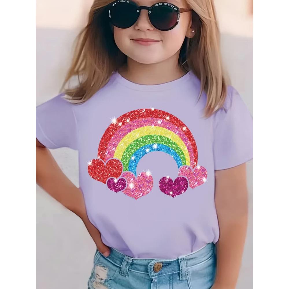 Children Cute T-Shirt for Girls Music Rainbow Print T-Shirt Girl Fashion Crew Neck Short Sleeve Top Clothing Gift Children Tops