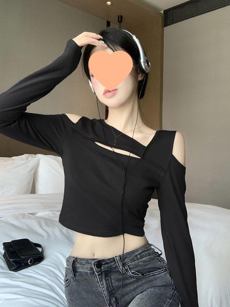 Chic Spicy Girl Off-Shoulder Long-Sleeve Slim Fit T-Shirt for Women - Autumn/Winter 2025