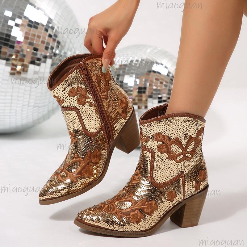 Bottes Courtes Femmes Automne 2026 Paillettes Scintillantes Grande Taille 36-43 Bout Pointu Talon Épais Mode Bottines de Fête Bottes Femmes