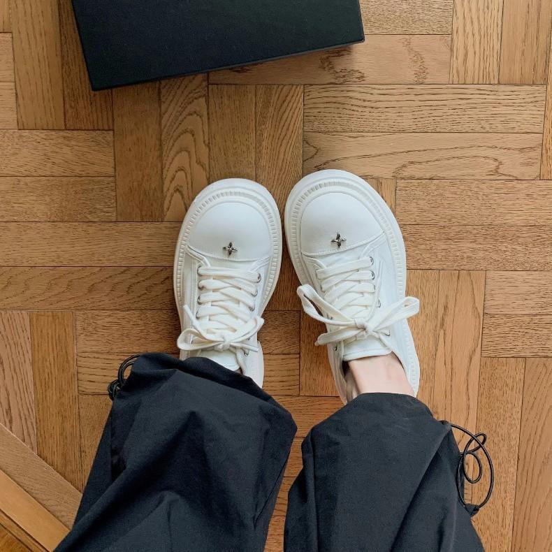 Sheepskin Version~ 8cm Thick-soled Large Round Head Casual Canvas Shoes Women's Small Leather Muffin Shoes Board Shoes Sports Shoes