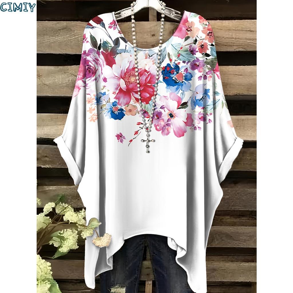 Camiseta con Estampado Floral Elegante Cuello en V Manga Corta Cuello Redondo Ajuste Cómodo Casual Perfecta para Ropa Informal Top para Todas las Estaciones Verano