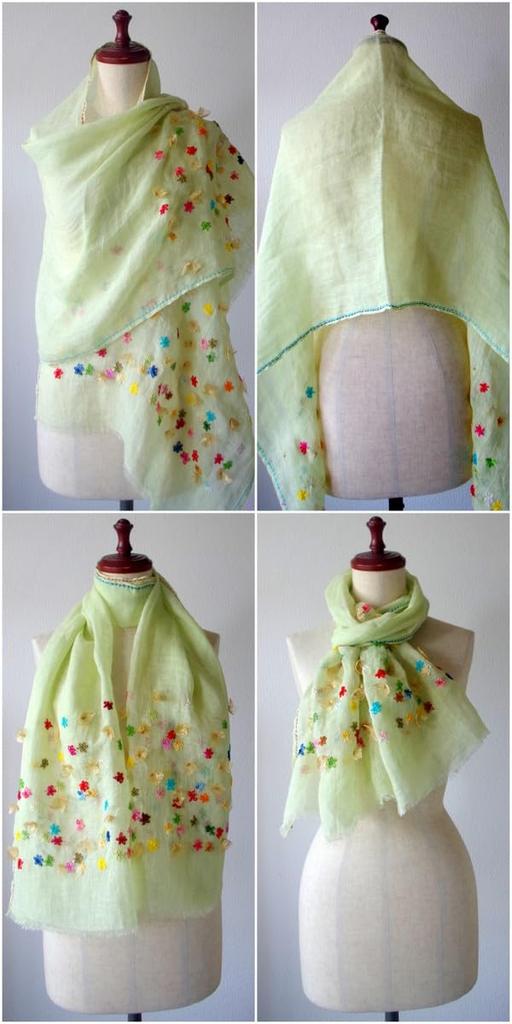 All Over the Linen Stole Embroidered Scarf Floral Ribbon Gauze Hemp Handmade Green [.a World] 100% Women's (Light Green)