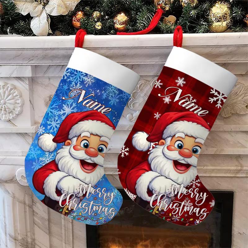 Santa Claus Snowflake Plaid Large Christmas Stocking with Hanging Rope