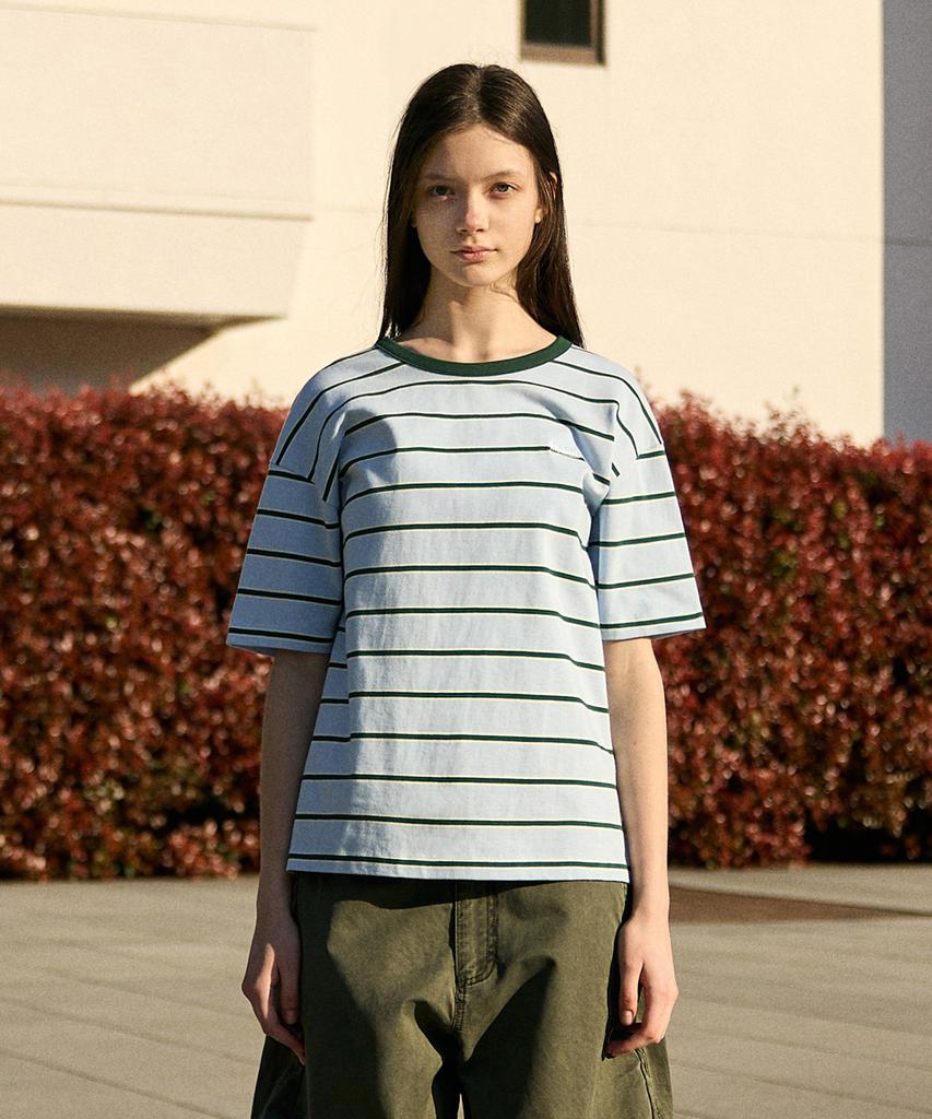 MINIMALPROJECT Minimal Embroidered Logo Border Stripe Ringer Short Sleeve T-Shirt Mst183 [Sky]