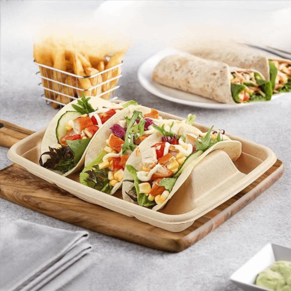 50Pcs Biodegradable Disposable Taco Plates with Lid Taco Serving Tray Taco Holder  School