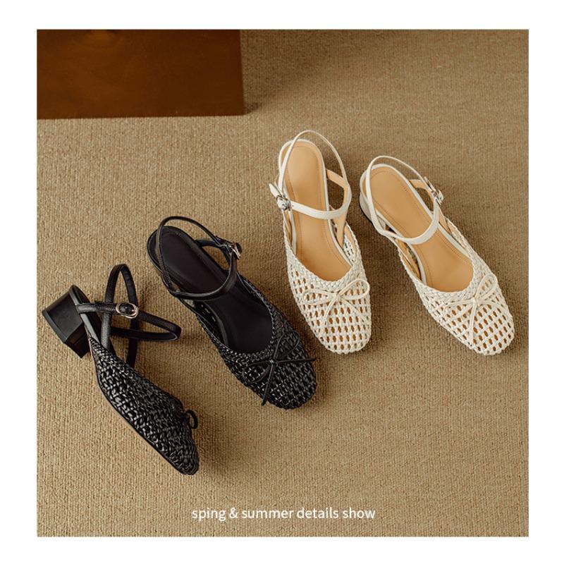 Fashion French Hollowed-out Braided Toe Sandals, Women's Thick Heels, Summer Bow Bow One-line Buckle with Medium Heels, Roman Shoes