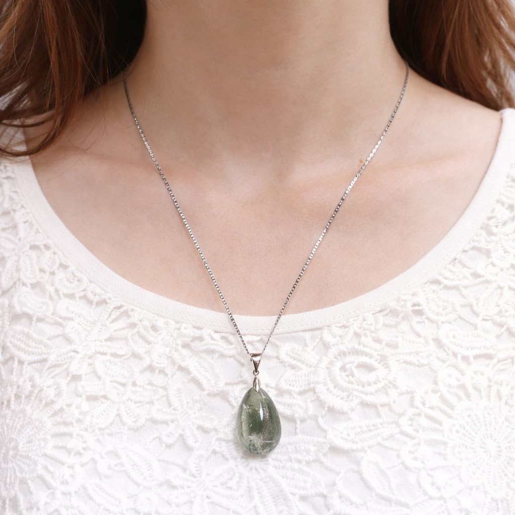 [Malline] Natural Stone Necklace, Garden Quartz (with Phantom Inclusions), Large Drop Pendant, Sterling Silver 925, Healing, 45cm