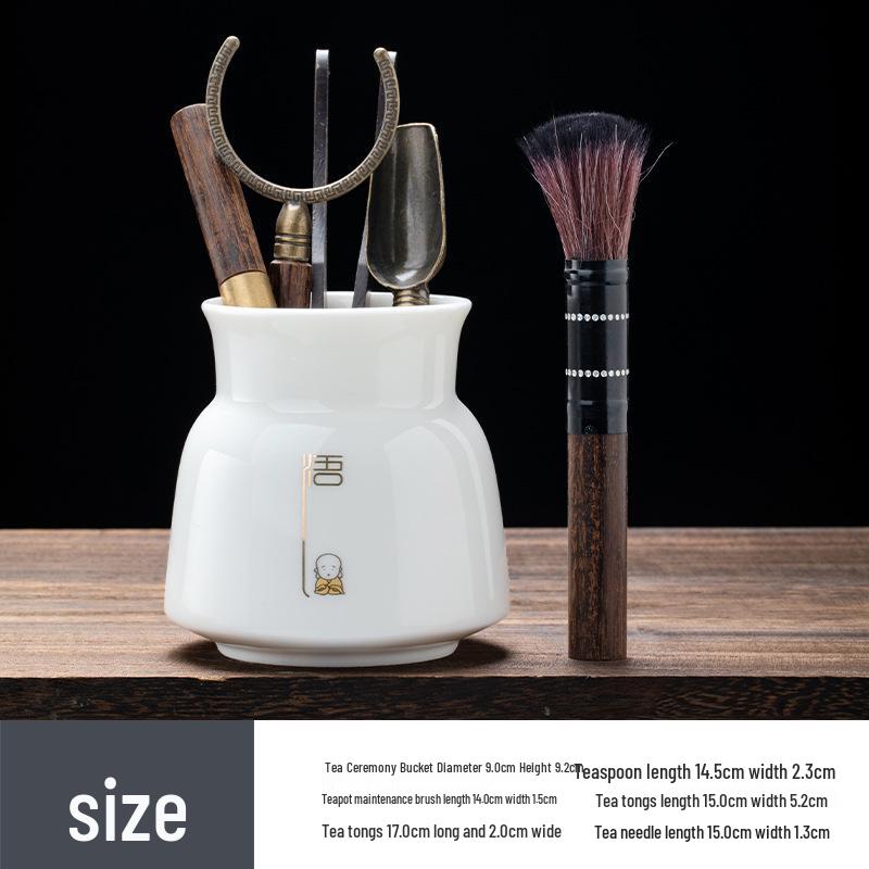 Zen Style Porcelain Tea Ceremony Set: Mutton Fat Jade & Copper Gongfu Tools - 6 Gentlemen