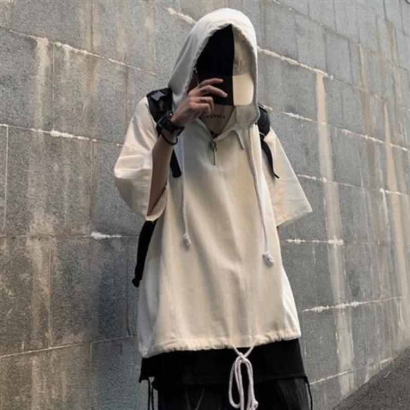 Camiseta de manga corta de verano para hombre, suéter con capucha de media manga, sudadera con capucha sólida para estudiantes para hombre
