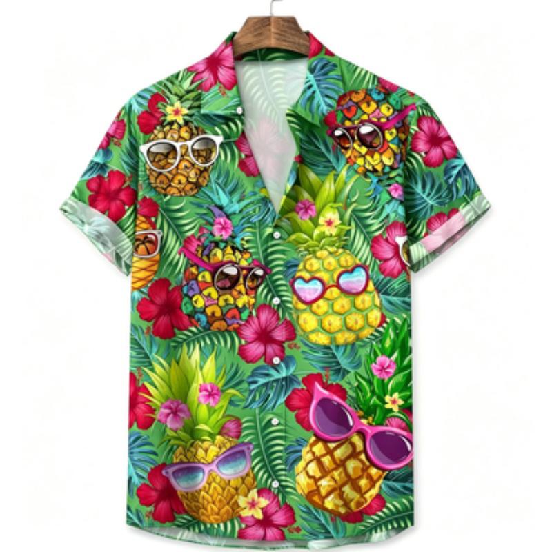 Men's short sleeved shirt with collar and short sleeved shirt, sunglasses, pineapple printed Hawaiian hibiscus flower